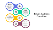 Simple and nice PPT presentation slide featuring fluid shaped elements in blue, green, yellow, and purple with icons.