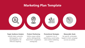 Marketing plan layout with red background, featuring four white circular icons, and detailed captions below.