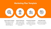 Marketing plan layout with orange header, featuring white circular icons, and captions describing four strategic goals below.