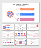 Colorful slide pack featuring concentric circles, flowcharts, and icons, illustrating customer onboarding processes.