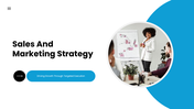 Sales and marketing strategy PPT with goals, target audience, funnel, KPIs, and growth-focused execution plan.