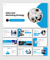 Sales and marketing strategy PPT with goals, target audience, funnel, KPIs, and growth-focused execution plan.