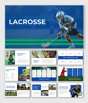 Lacrosse player running with a stick and bold text descriptions about the origin and history in a blue background.