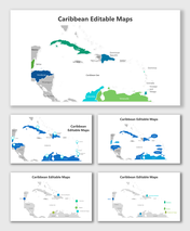 Slide deck featuring maps of the Caribbean, highlighting countries in shades of blue and green with location markers.