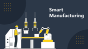 A worker in yellow with a tablet stands next to machines and robotic arms performing tasks in a smart manufacturing setting.