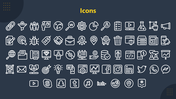 White line icons, evenly spaced on a dark blue background, covering business, and digital media themes with a yellow title.