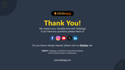 Dark blue slide with a yellow thank you message, featuring social media icons and SlideEgg attribution.