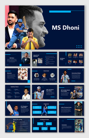 Slide deck on MS Dhoni with photos of his cricket journey, family, achievements, and IPL journey, on dark blue backgrounds.