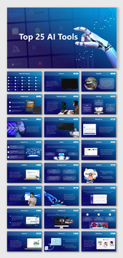 Cover slide deck with top AI tools text from ChatGpt to gemini and an image of a robotic hand and circuit design.