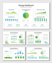 Slide deck of energy dashboards displaying data visualizations like pie charts, bar and line graphs, in green shades.