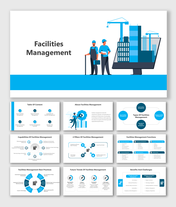 Facilities management slide deck with blue and white illustrations of workers, buildings, and construction elements.