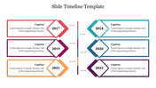 Horizontal timeline split into two columns, showcasing years 2017 to 2022 with colorful diamond shapes and captions areas.