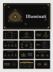 Slide deck with gold geometric Illuminati symbols, mystical aesthetics, and elegant typography on a black background.