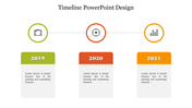 Timeline design with three milestones for 2019, 2020, and 2021, connected by a dotted line and icons.
