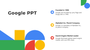 Modern slide featuring three text sections with colorful geometric shapes, highlighting key facts about Google.