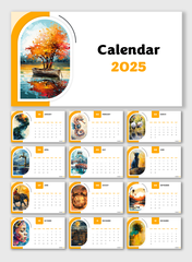 2025 calendar with white and yellow design, featuring arched watercolor illustrations, and month grids with bold numbering.