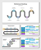 Slide deck showing a multi stage workstream roadmap, with timelines, winding road diagrams, and quarterly progress bars.