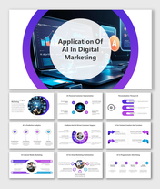 Application of AI In Digital Marketing PowerPoint slides featuring a laptop displaying AI algorithms and data analytics.