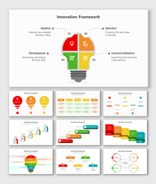 Innovation framework PPT slides highlighting the stages in different colorful layout designs and icons with descriptions.