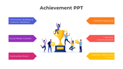 Large golden trophy in the center with people celebrating, surrounded by six colorful text boxes on both sides.