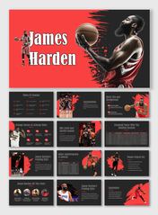 James Harden deck with bold red and black design, dynamic photos, text holders, stats, achievements, and career highlights.