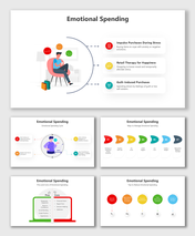 Emotional Spending cycle showing impulse buying, retail therapy, and tips for managing emotional triggers.