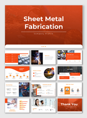 Sheet metal fabrication company profile slides with orange design, showcasing services, mission, history, and team details.