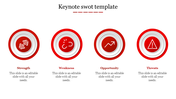 Business SWOT analysis slide with red circular icons for Strength, Weakness, Opportunity, and Threats, arranged in a row.