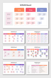 SCRUM Board with To Do, Doing, and Done columns, color-coded tasks, and an agile workflow for efficient project tracking.