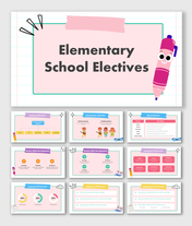 Elementary school electives with a pink notebook theme, cute stationery, and sections on music, arts, sports, and exercises.