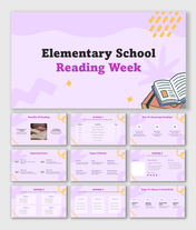 Elementary school reading week slides with a purple theme, reading activities, book types, and reading encouragement tips.