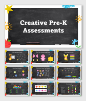 Creative Pre-K assessments with chalkboard theme featuring puzzles, rhymes, colors, numbers, and interactive learning games.