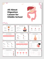 All about digestion lesson for middle school with organs, timeline, diagrams, and pink visuals for interactive learning.