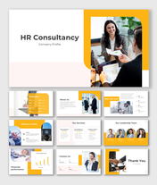 HR consultancy company profile with yellow-white theme, showing services, team, mission, financials, and contact details.