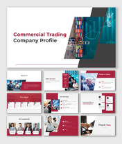 Commercial trading company profile slide with red theme, cargo visuals, services, mission, team intro, and contact details.