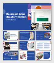 Classroom Setup Ideas For Teachers Back To School with colorful slides, icons, seating plans, routines, teacher setup tip.