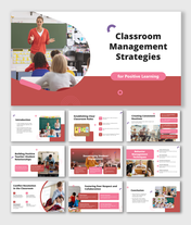 Classroom management strategies for positive learning slides with teacher photos, red shapes, and text boxes.