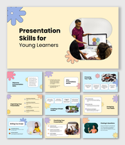 A colorful presentation skills for young learners PPT with light blue, yellow, and black colors, text, and photo holders.
