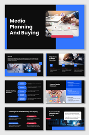 Media planning And buying template with black-blue theme, charts, icons, business visuals, objectives, process, and ROI guide