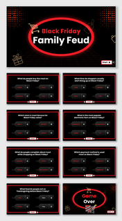 Black Friday Family Feud game slides with red-black theme, quiz questions, shopping icons, answer tags, and game over slide.