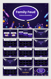 Family Feud science questions slides with purple theme, lab flasks, molecules, quiz rounds, teams, and game over slide.
