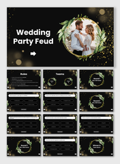 Wedding Party Feud template with black-gold theme, floral frames, quiz rounds, team setup, rules, and winner slide.