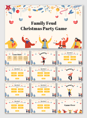 Family Feud Christmas Party Game slides with red-green theme, festive icons, quiz rounds, answer boxes, and game over.
