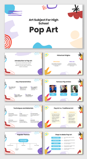 Art Subject For High School Pop Art with bright colors, abstract shapes, artist visuals, creative layouts, and text holders.