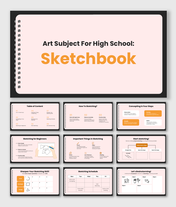 art subject for high school sketchbook with pink theme, notebook layout, drawing icons, sketching tips, and creative guides.