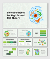 Biology subject for high school cell theory presentation with green theme, cell diagrams, organelles, and info charts.