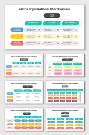 Matrix Organizational Chart Example with colorful boxes, CEO, VPs, team hierarchy, project divisions, and editable layouts.