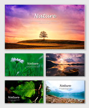 Nature Background Wallpaper with sunset, flowers, leaves, and lakes in calm green and orange tones with quotes.