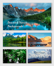 Beautiful nature desktop backgrounds slides with mountains, lakes, and greenery in calm blue, green, and orange tones.