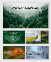 Background nature slides with misty forests, waterfalls, flowers, and snowy scenes in calm green, white, and earthy tones.